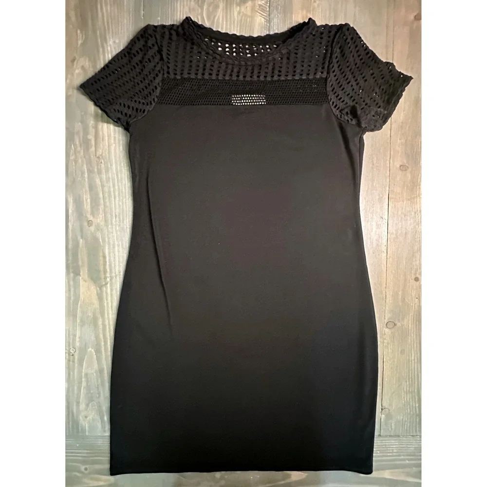 Michael Kors Mesh Top Black Shortsleeve Flowy Midi Pullover Dress‎ Womens Size S